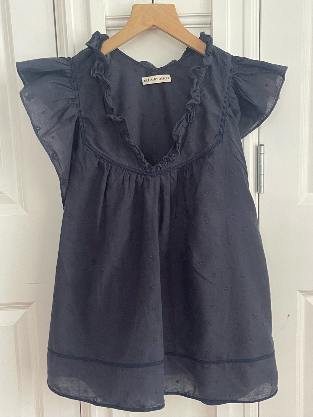 Ulla Johnson Navy Ruffled V-Neck Flutter Sleeve Blouse